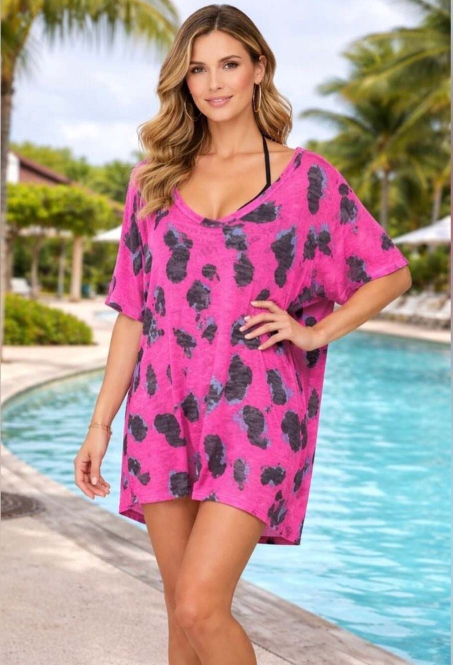BiBi Pink Leopard Print V-Neck Oversized Tunic Top Size L